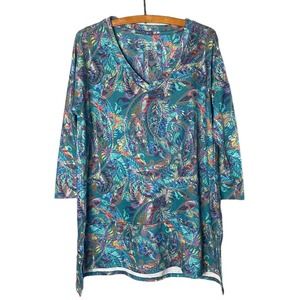 Soft Surroundings Women’s Turquoise Patterned V-Neck Knit Top Size Medium